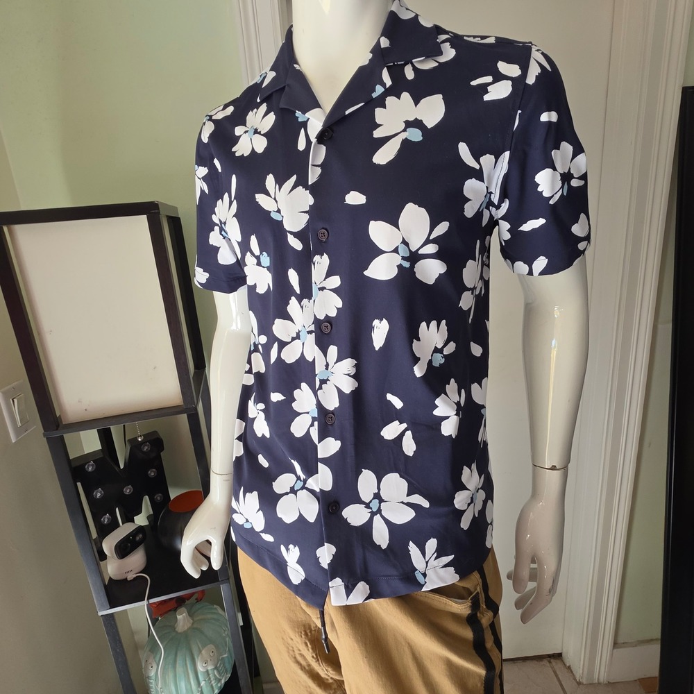 For The Republic Men Navy Blue White Floral Short Sleeve Button Down Shirt S